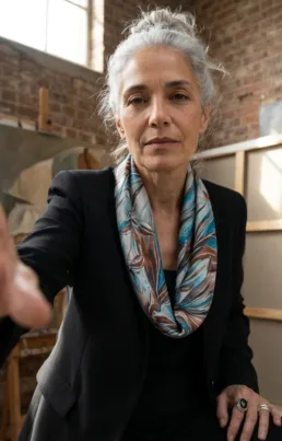 mujer artista con fular de seda al cuello