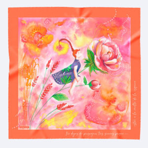 Silk Scarf with Watercolor Illustration of a Happy Woman among Flowers