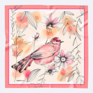 Pañuelo de seda Amelia en tonos rosas con ilustración de pájaro y flores