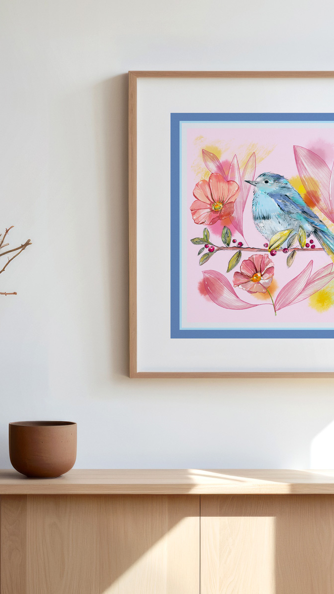 Silk scarf with bird surrounded by flowers as home decoration