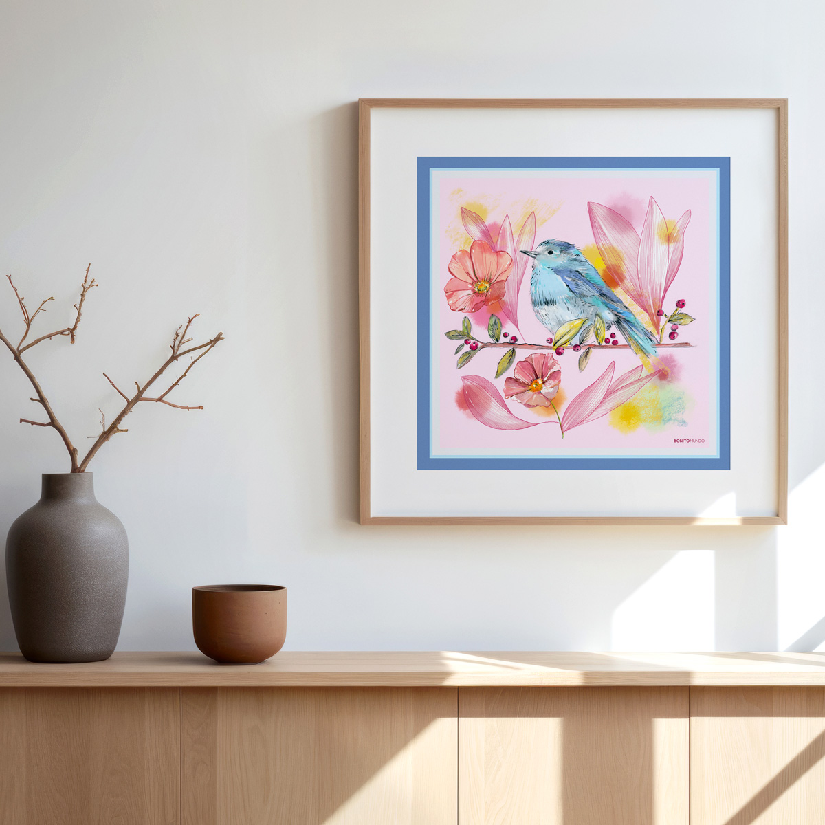 Pañuelo de seda con pájaro rodeado de flores como decoración de hogar