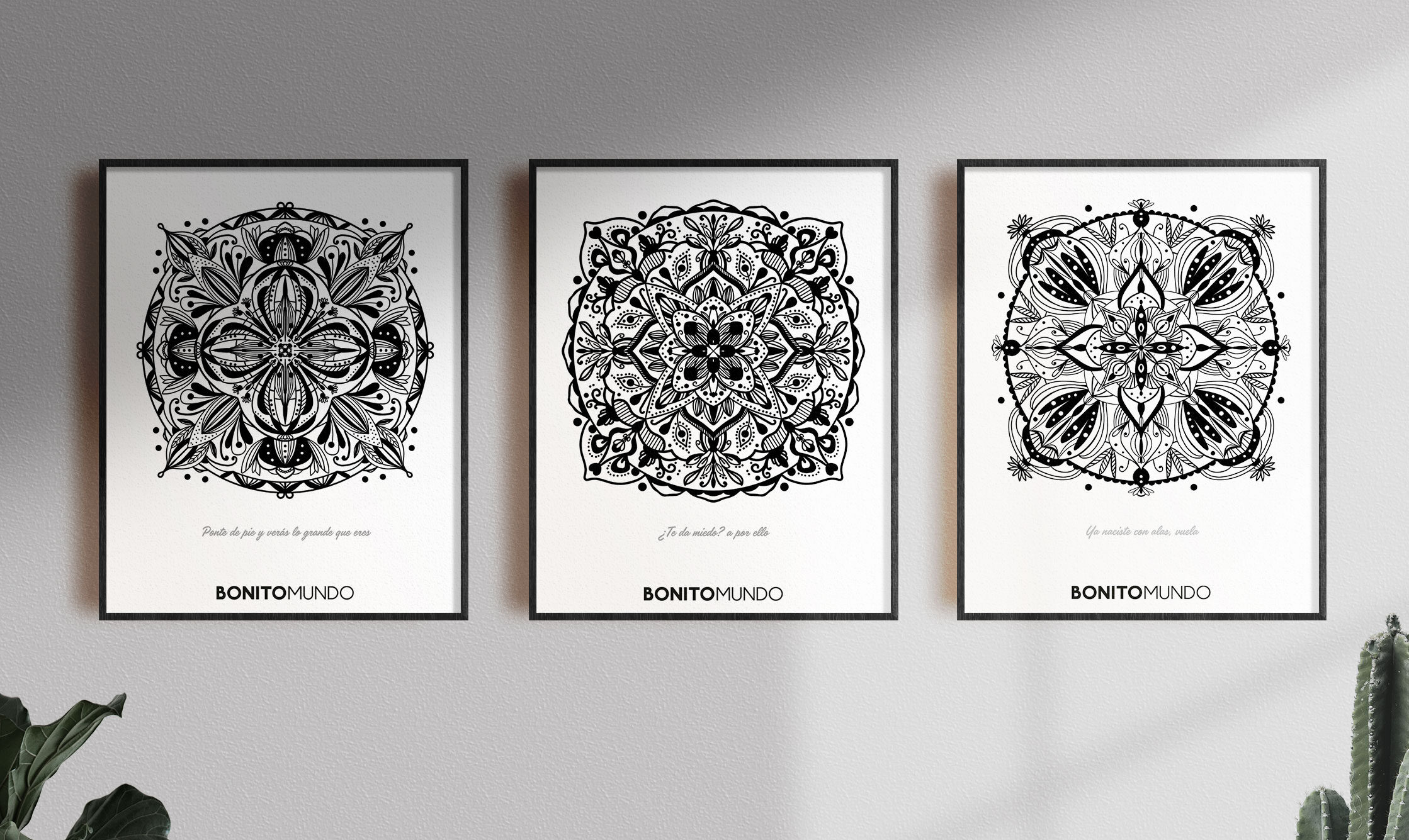 3 black and white mandalas framed and decorating a wall