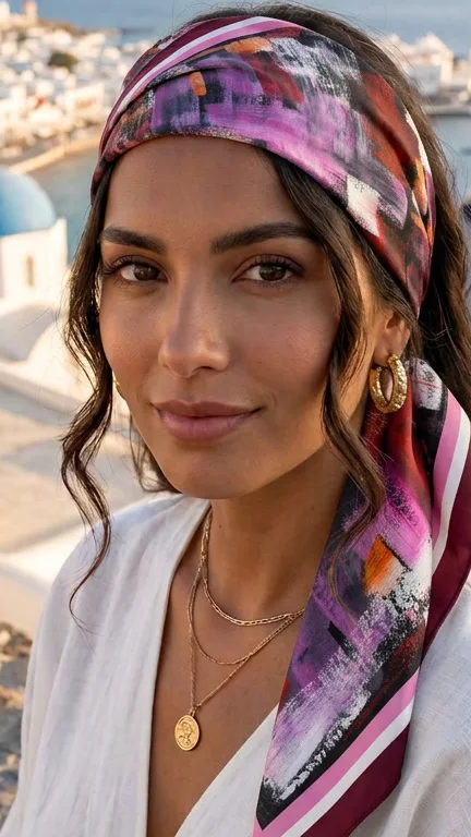 mujer joven de piel morena con pañuelo de seda rosa Bonito Mundo en la cabeza