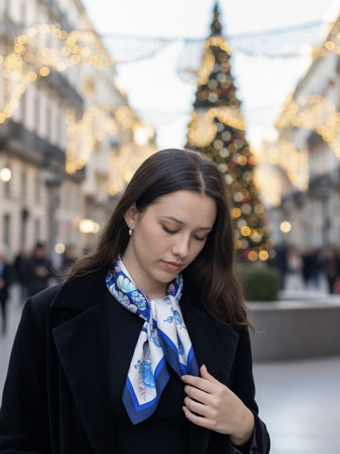 mujer con pañuelo de seda estampado al cuello en tonos azules y blancos en una ciudad con luces de navidad al fondo