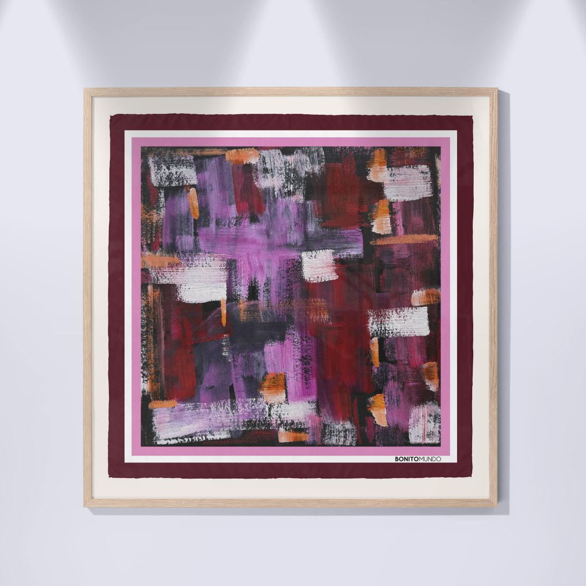panuelo seda con arte abstracto en colores rosados y granates enmarcado