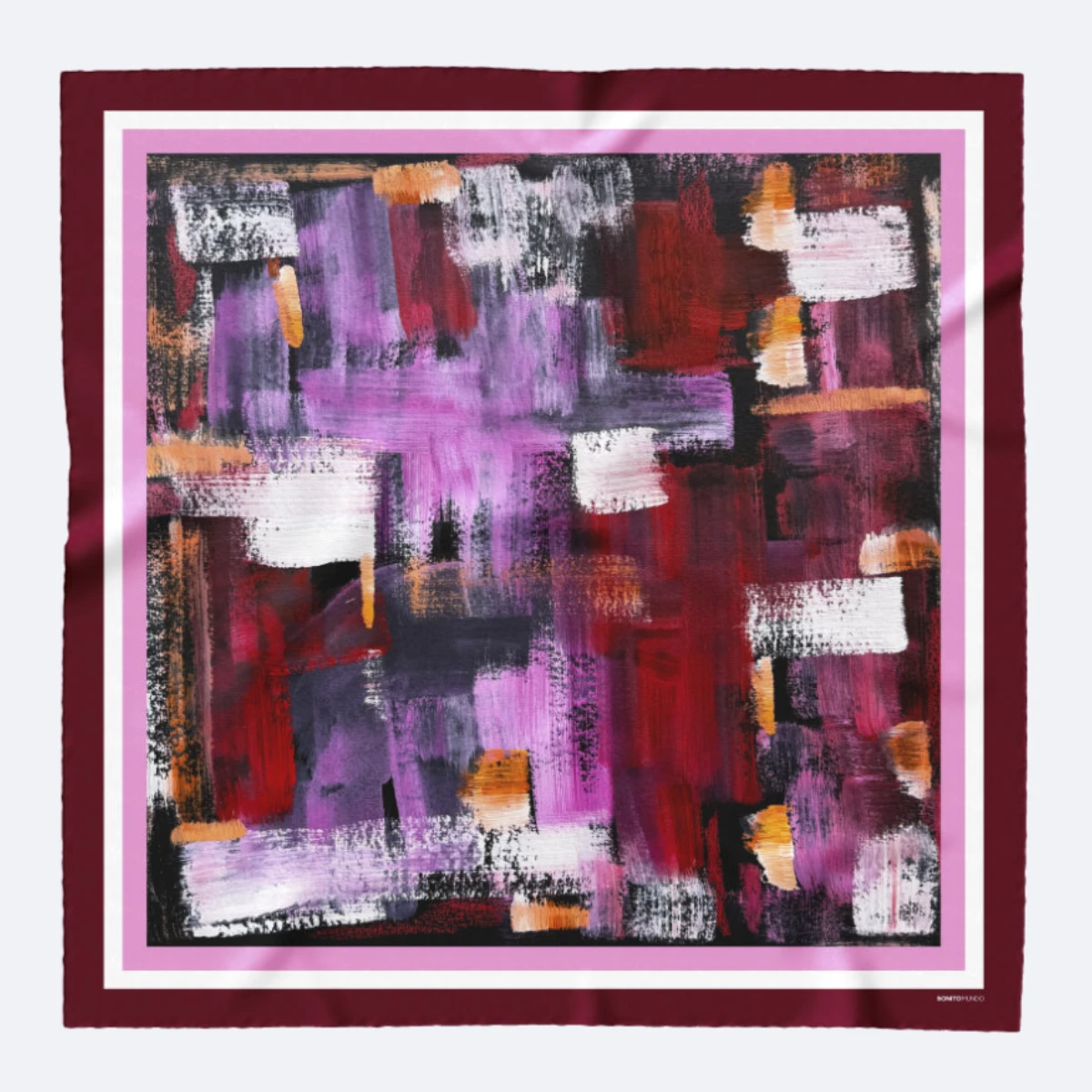 panuelo seda con arte abstracto en colores rosados y granates