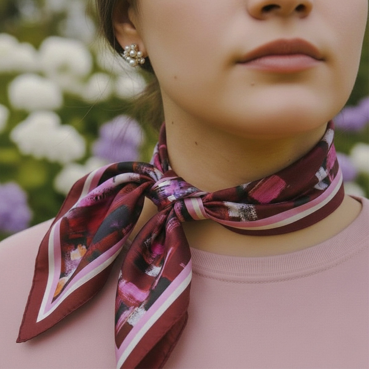 pañuelo de seda naturale para mujer en tonos burdeos, chocolate y rosa al cuello de modelo