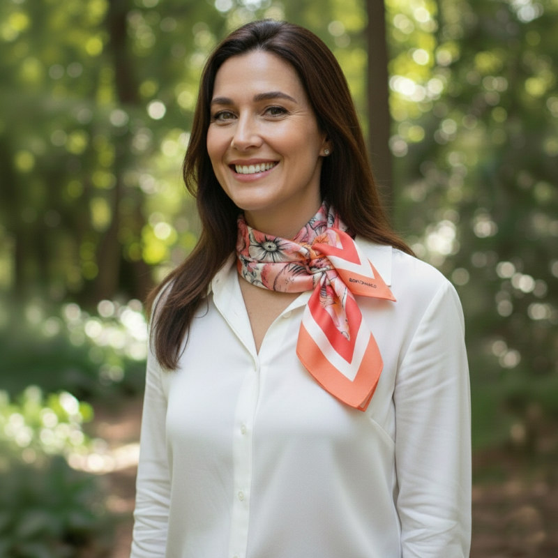 pañuelo de seda anudado al cuello con camisa blanca