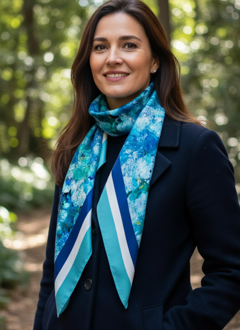 pañuelo grande anudado al cuello de una mujer