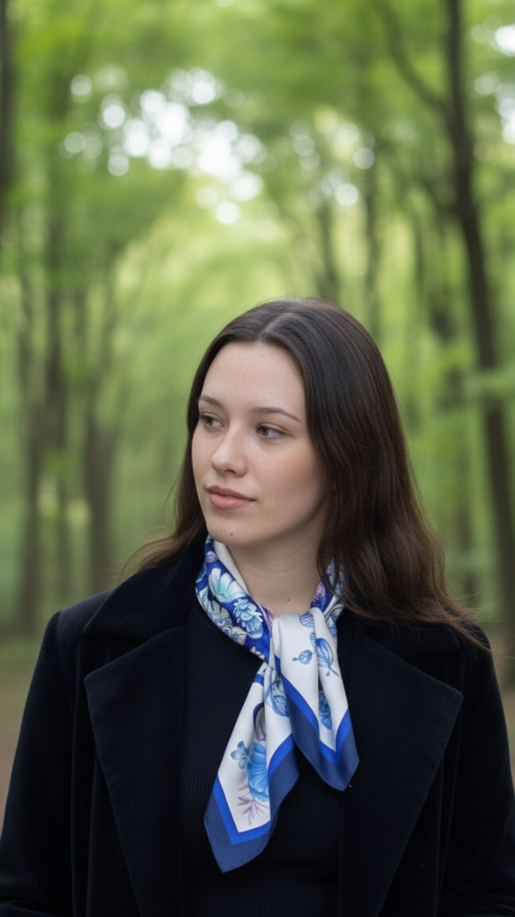 blue silk scarf knotted around a woman's neck