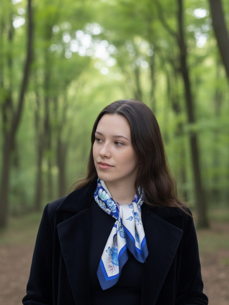 pañuelo de seda azul anudado al cuello de mujer