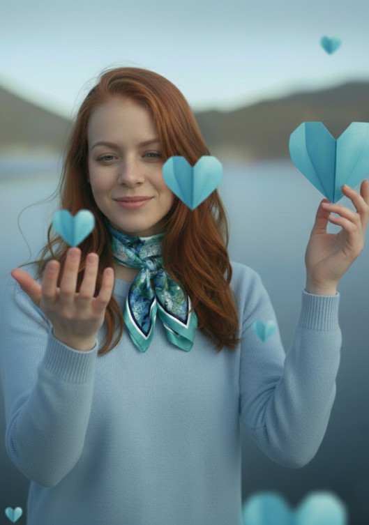 mujer con pañuelo de seda color turquesa al cuello y rodeada de corazones por san valentin