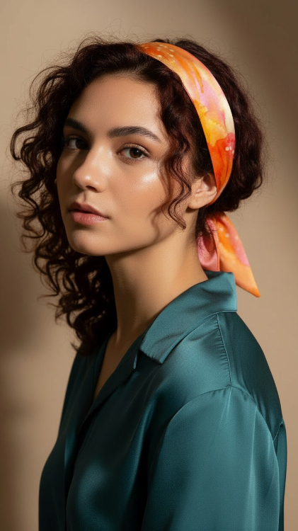 Hairstyle with an orange and yellow silk scarf worn as a headband on curly hair, romantic and bohemian Bonito Mundo look.
