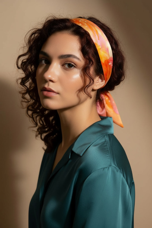 Hairstyle with an orange and yellow silk scarf worn as a headband on curly hair, romantic and bohemian Bonito Mundo look.