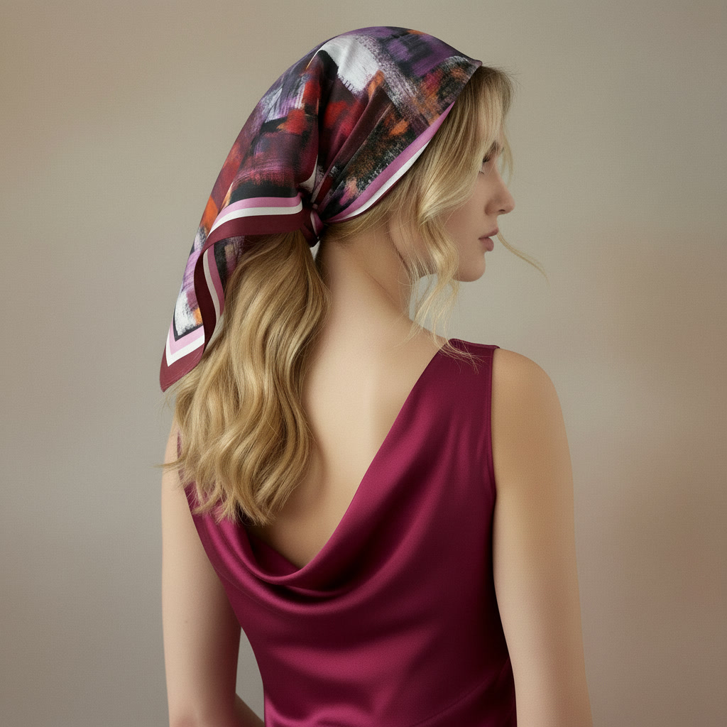 Hairstyle detail with a silk scarf in burgundy and garnet tones covering a low updo, natural silk accessory from Bonito Mundo.