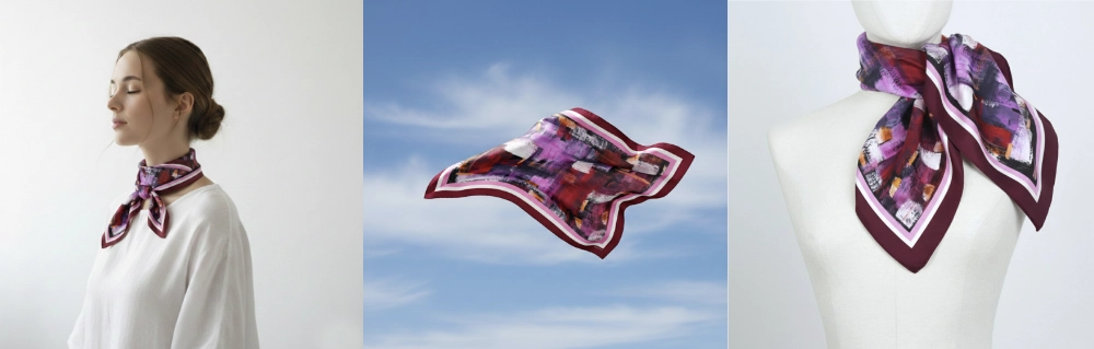 pa&ntilde;uelo de seda estampado anudado en el cuello y en maniqu&iacute;