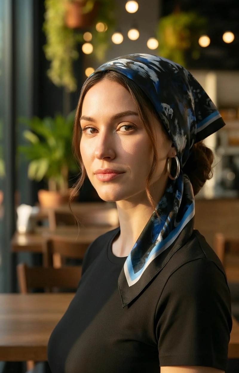 mujer con pañuelo de seda anudado en la cabeza