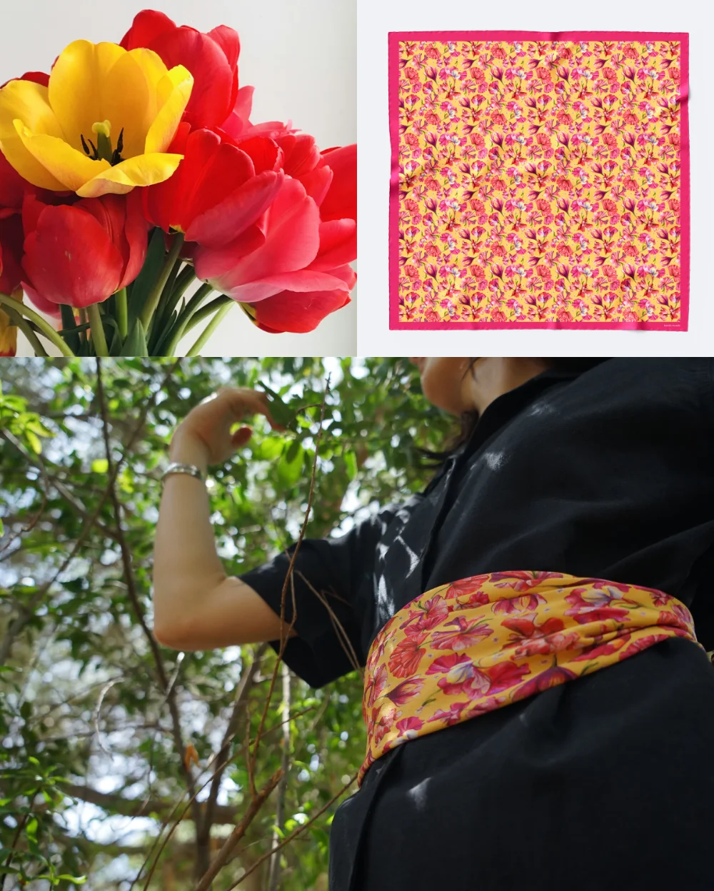 mujer con pa&ntilde;uelo de seda de flores fucsia y amarilas anudado a la cintura como cintur&oacute;n