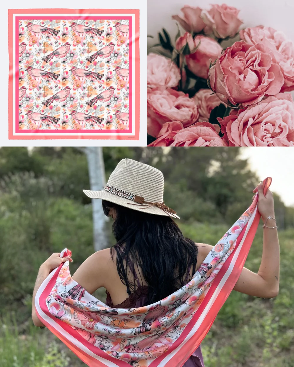 mujer con pa&ntilde;uelo de seda de flores rosas