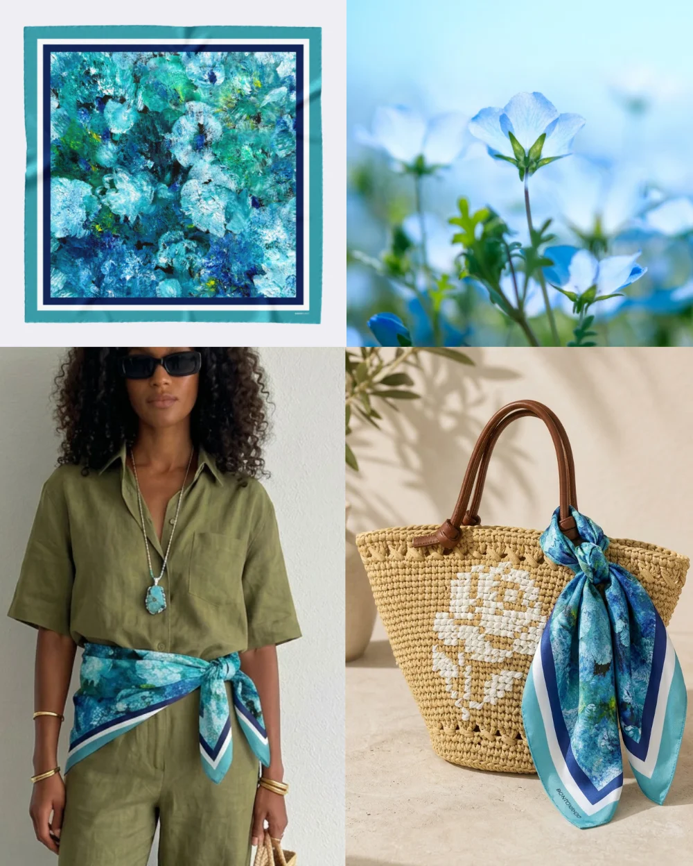 pa&ntilde;uelo de seda en color turquesa con estampado abstracto de flores anudado en capazo de rafia natural hecho a mano