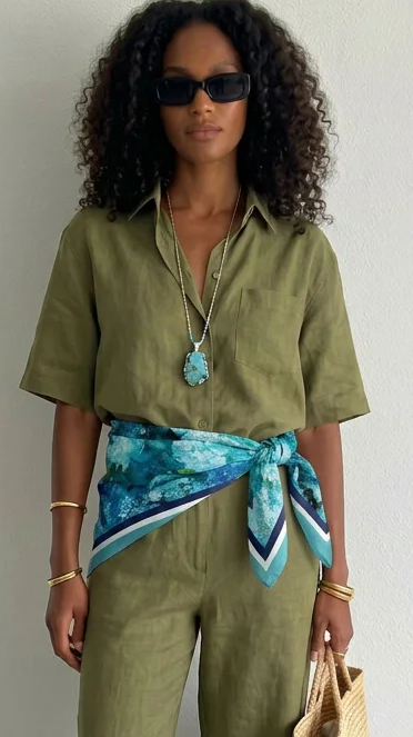 mujer con pañuelo de seda natural Water lilies con estampado floral en tonos turquesa anudado a la cintura