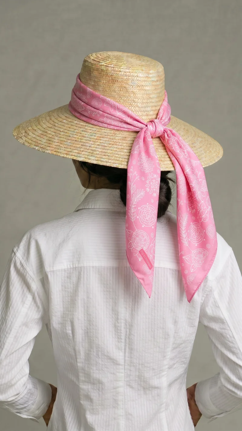 Vista trasera de una mujer con camisa blanca llevando un sombrero de paja con un pañuelo de seda rosa estampado atado en un lazo en la parte posterior.
