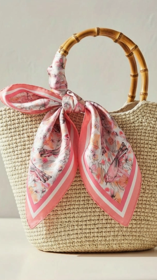 Capazo decorado con un pañuelo de seda floral rosa.