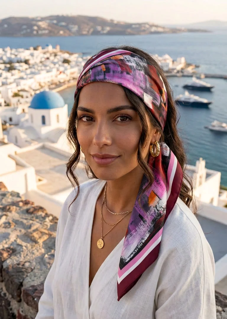 mujer vestida de blanco, con la piel morena y pa&ntilde;uelo de seda a modo de bandana en la cabeza