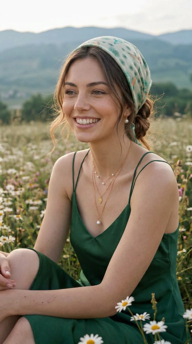 mujer joven sonriente en el campo con pa&ntilde;uelo de seda estampado verde en la cabeza