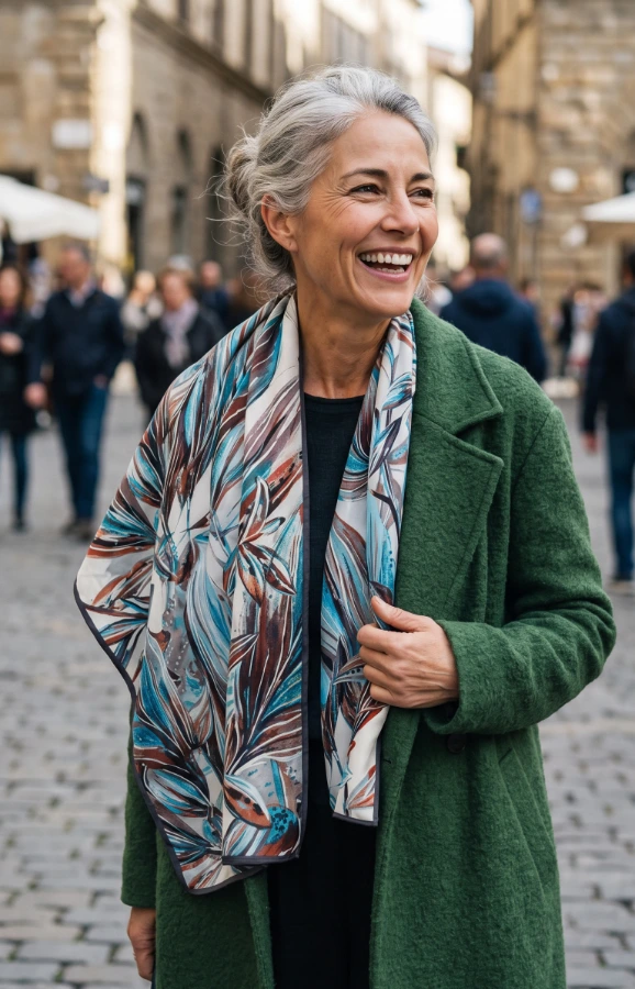 Silk scarf combined with a coat in green and earthy tones in an urban setting.
